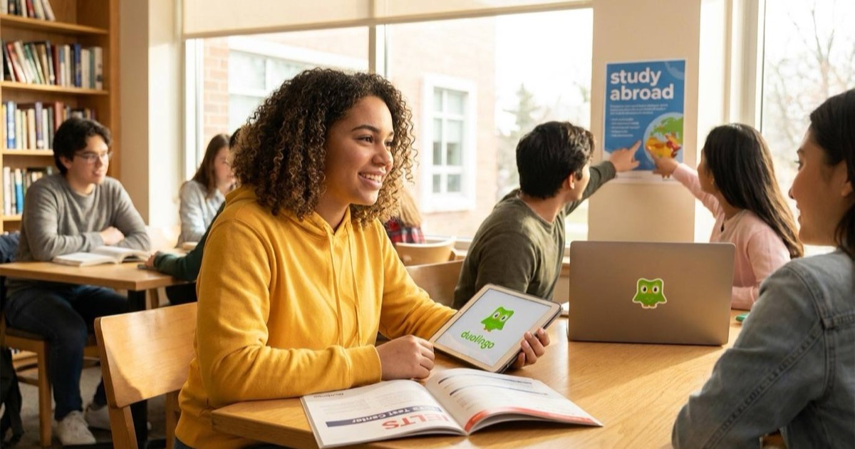 Абитуриент выбирает между онлайн-тестом Duolingo на ноутбуке и центром сдачи IELTS