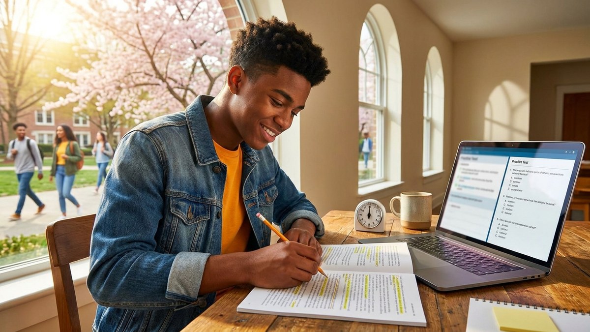 Абитуриентка за столом у окна решает тест IELTS Reading на ноутбуке, рядом распечатанный текст с пометками карандашом