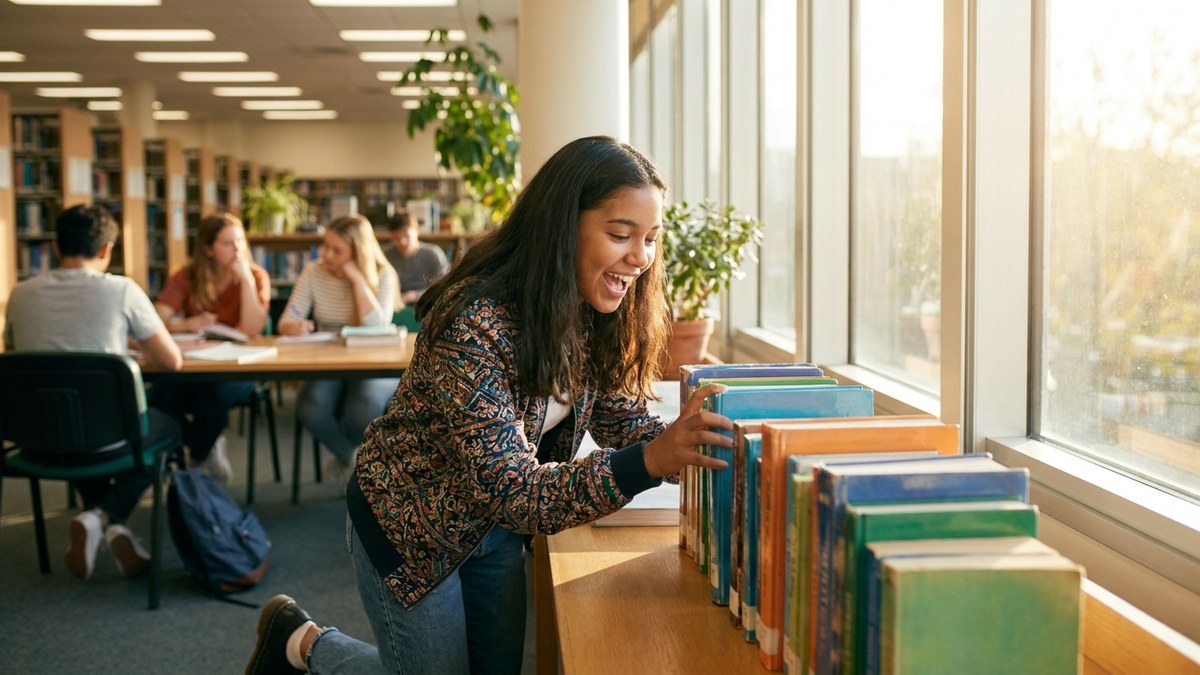 Студентка в библиотеке у окна достаёт учебник для подготовки к IELTS из ряда книг на полке